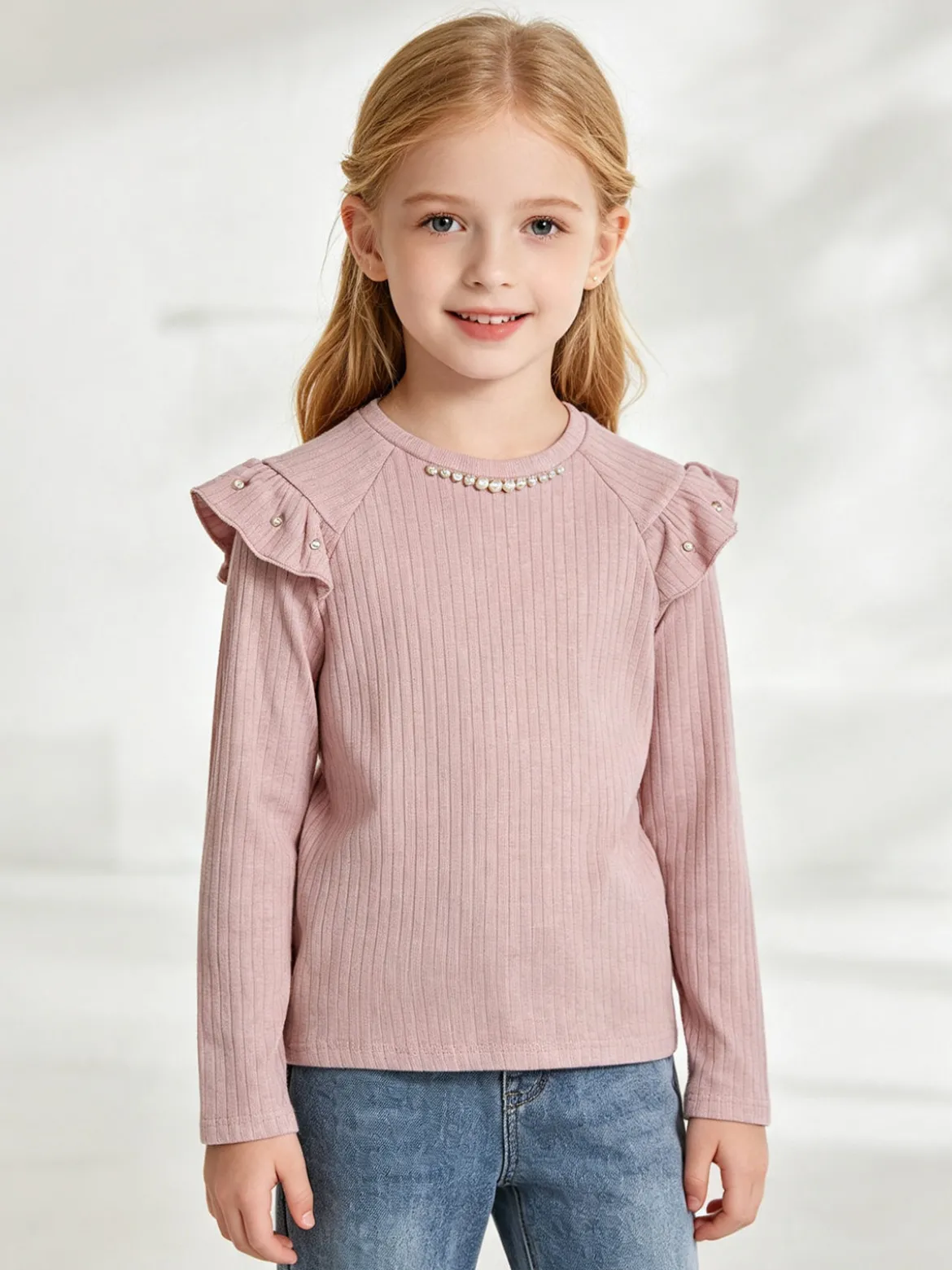 Luisa Chic Maglia da bambina a maniche lunghe con dettagli di perle - rosa