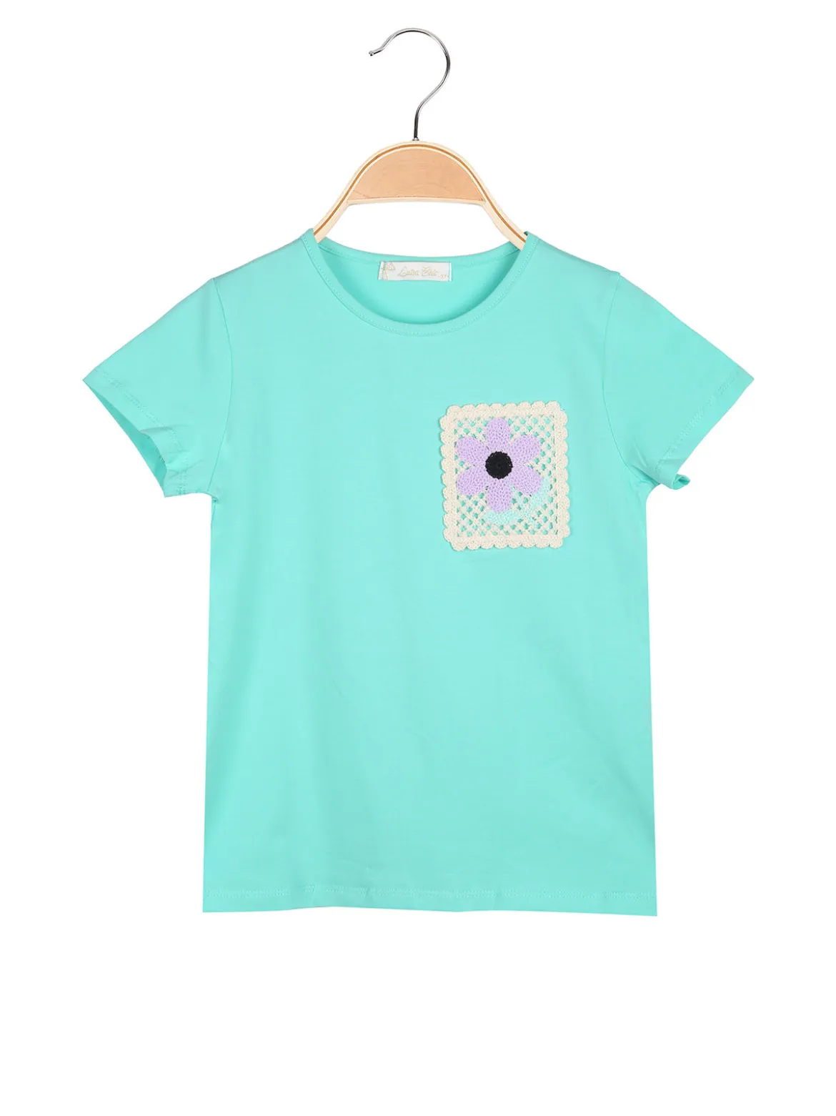 Luisa Chic T-shirt da bambina in cotone con toppa in macramè - acqua marina