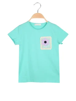Luisa Chic T-shirt da bambina in cotone con toppa in macramè - acqua marina