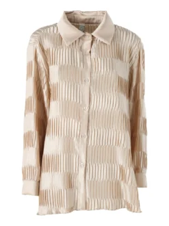 Luxesize Camicia plissettata da donna con maniche lunghe a palloncino - beige