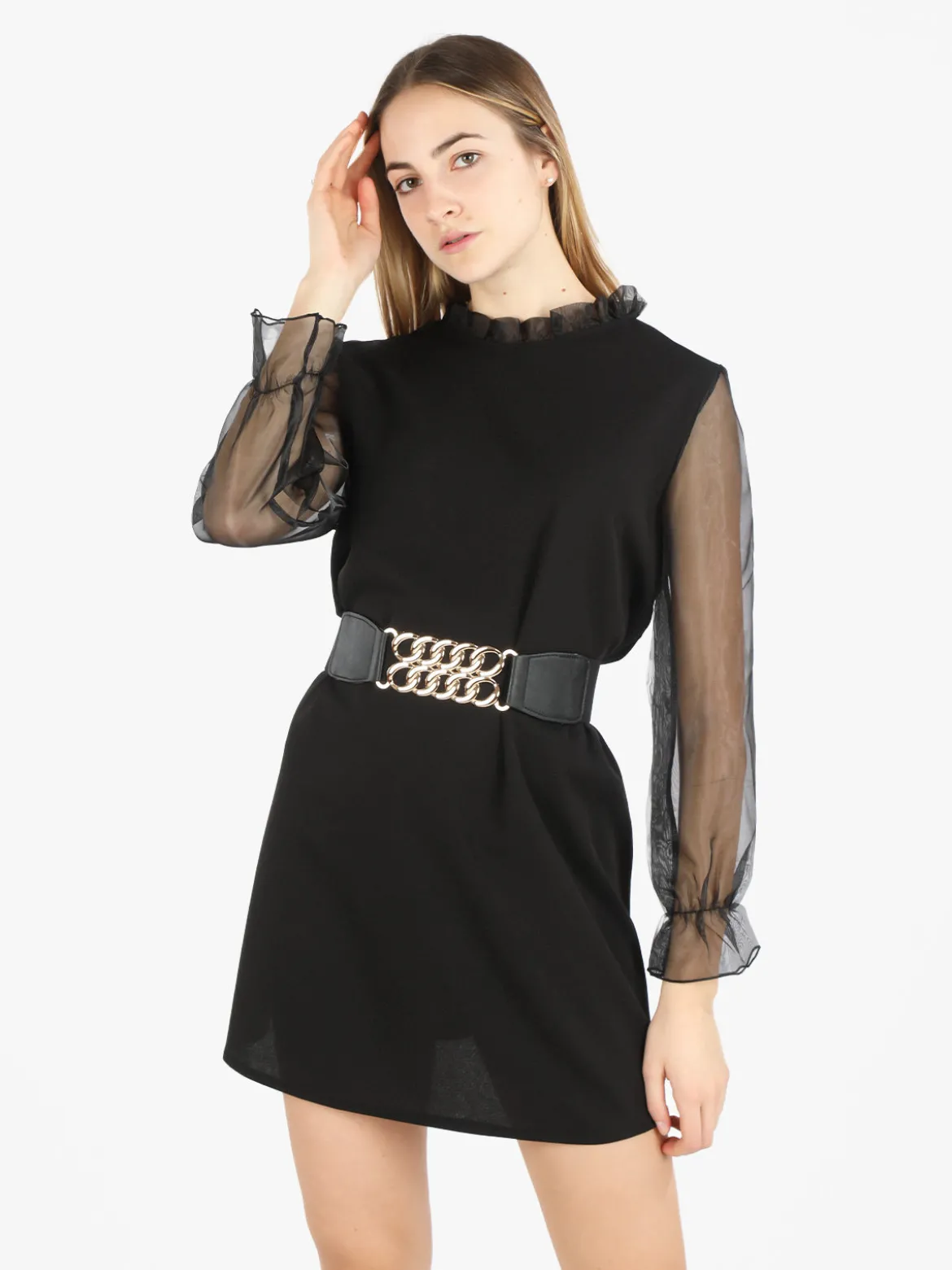 Melitea Abito donna con colletto alla coreana e maniche in tulle