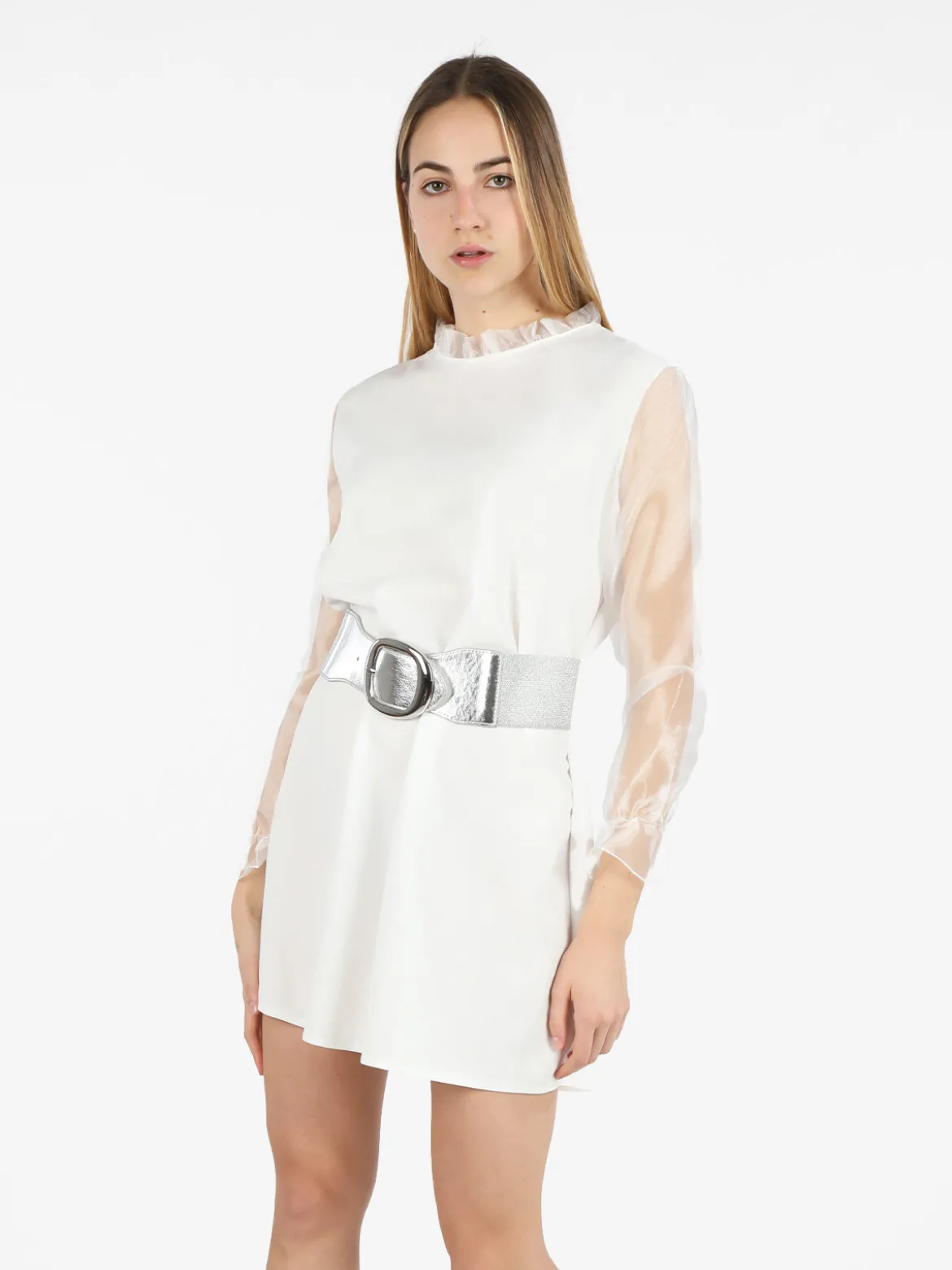 Melitea Abito donna con colletto alla coreana e maniche in tulle