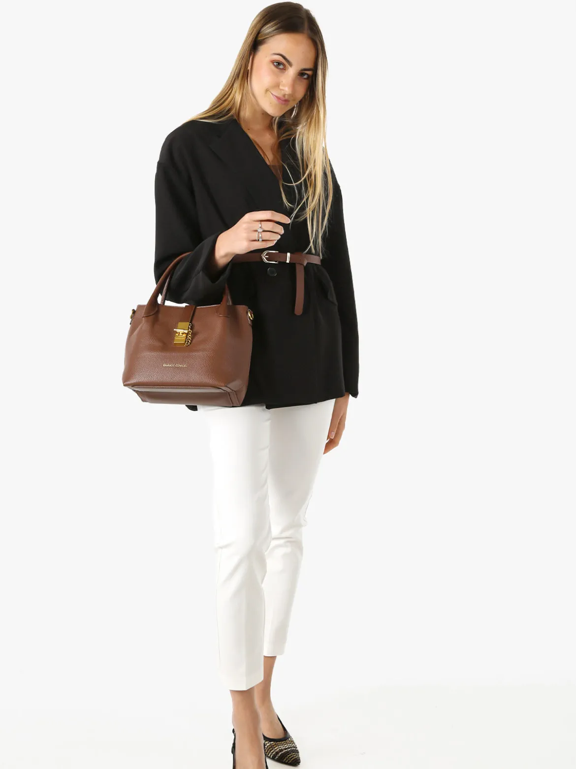 Melitea Blazer donna a doppiopetto con cintura in vita - nero