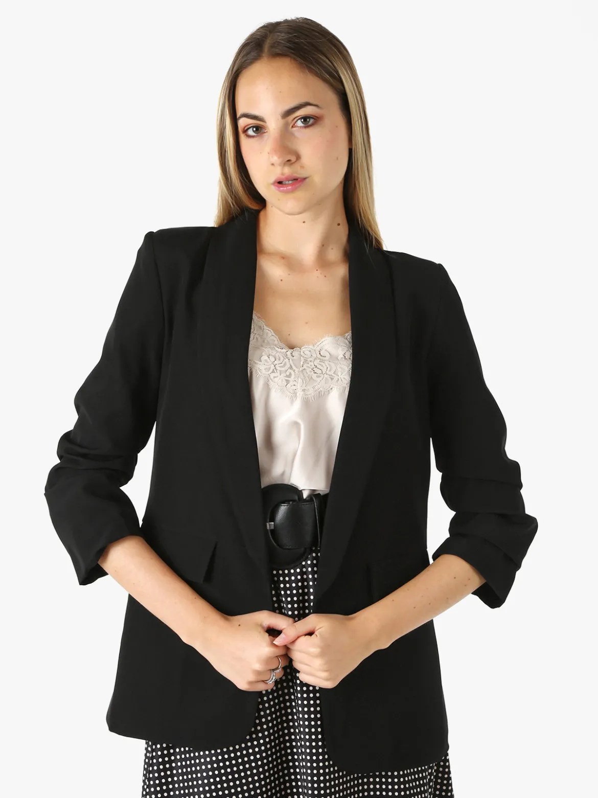 Melitea Blazer donna aperto con maniche arricciate - nero