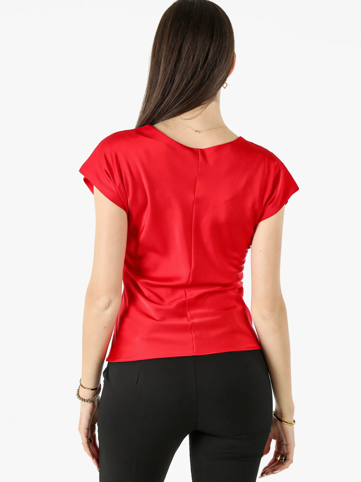 Melitea Blusa donna a maniche corte in tessuto effetto raso - rosso