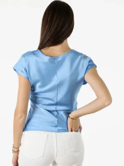 Melitea Blusa donna a maniche corte in tessuto effetto raso - azzurro