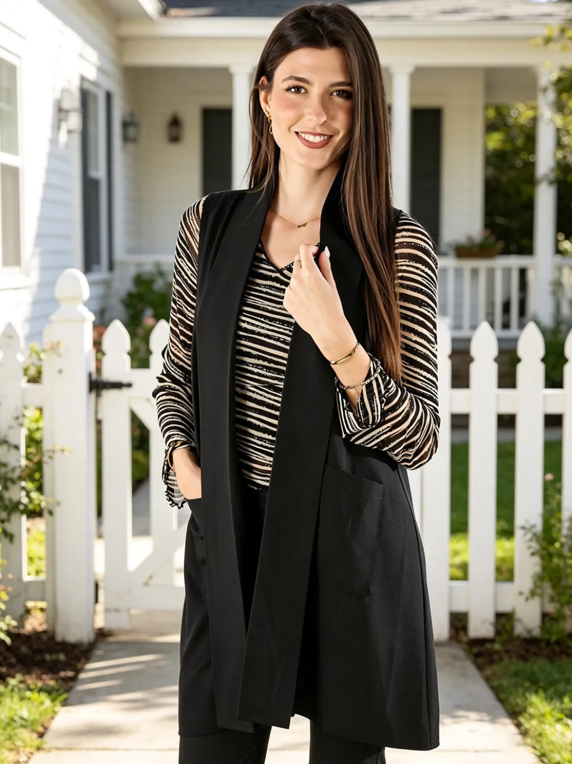 Melitea Gilet donna lungo con tasche - nero