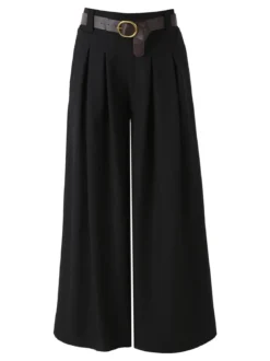 Melitea Pantaloni donna a palazzo con vita alta e cintura - nero