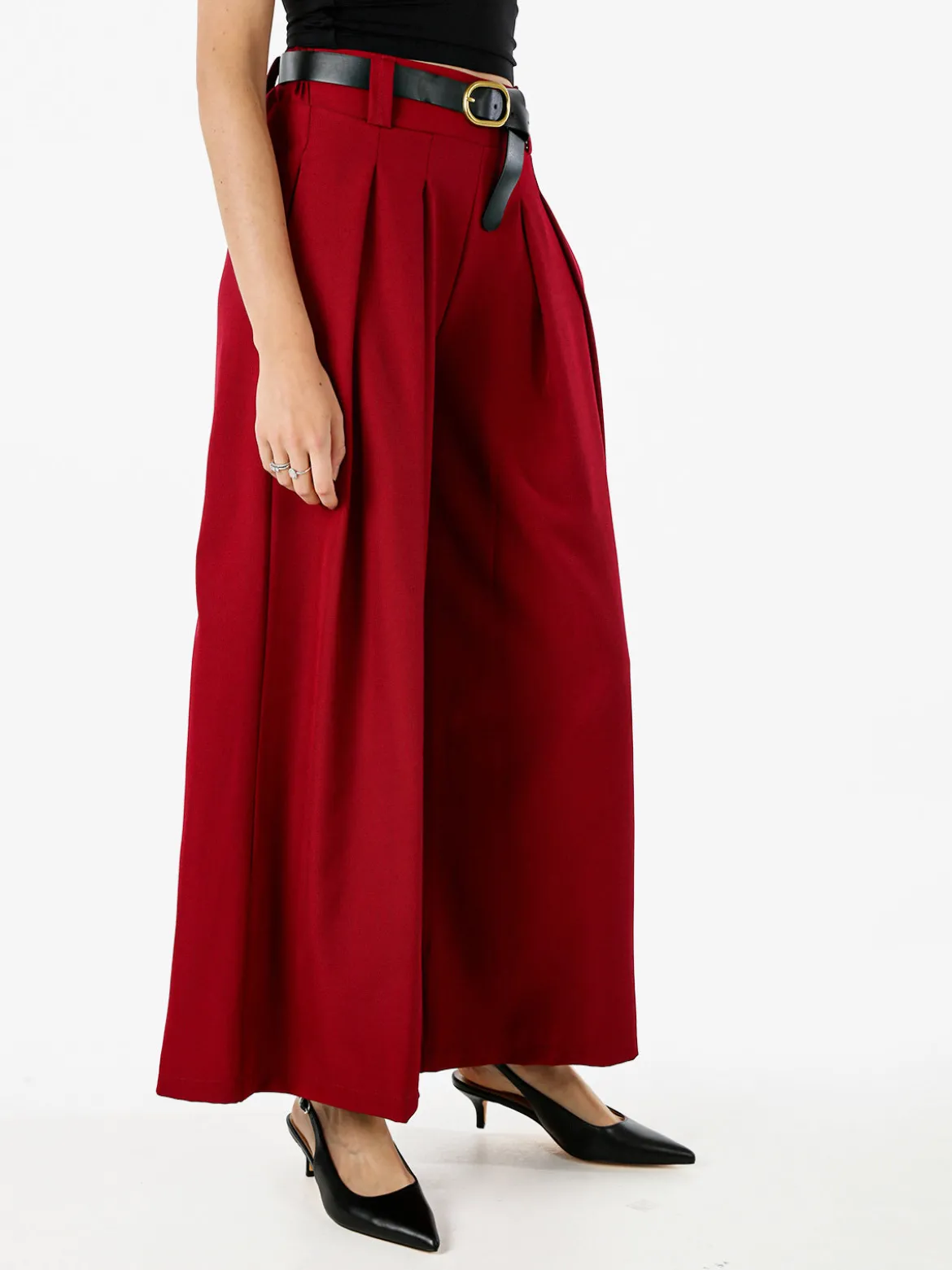 Melitea Pantaloni donna a palazzo con vita alta e cintura - rosso