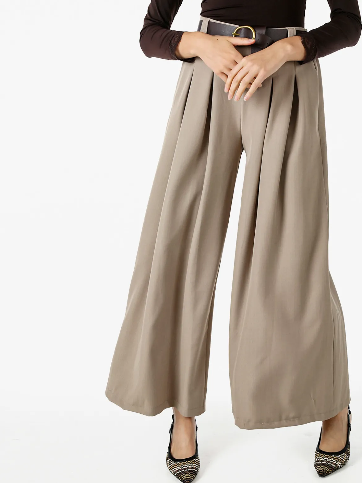 Melitea Pantaloni donna a palazzo con vita alta e cintura - taupe