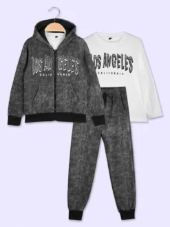 Mg Fashion Studio Completo tuta 3 pezzi da ragazzo con cappuccio e zip - nero