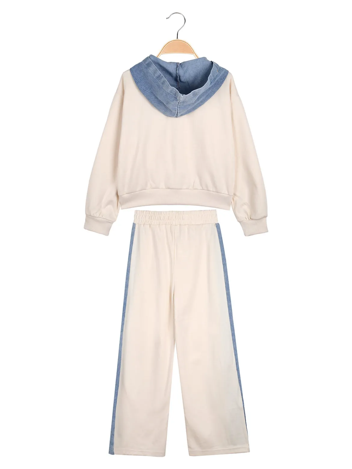 Miss Bellina Completo 2 pezzi da bambina a gamba larga con cappuccio in jeans e zip - panna