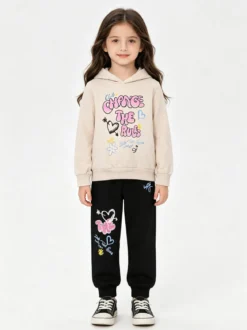 Miss Bellina Completo tuta 2 pezzi da bambina con cappuccio e stampe - beige