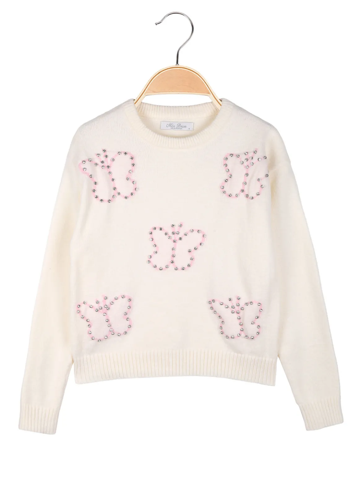 Miss Brum Maglione girocollo da bambina con strass - panna