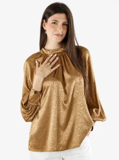 Miss E Co Blusa donna accollata a maniche lunghe linea curvy - marrone