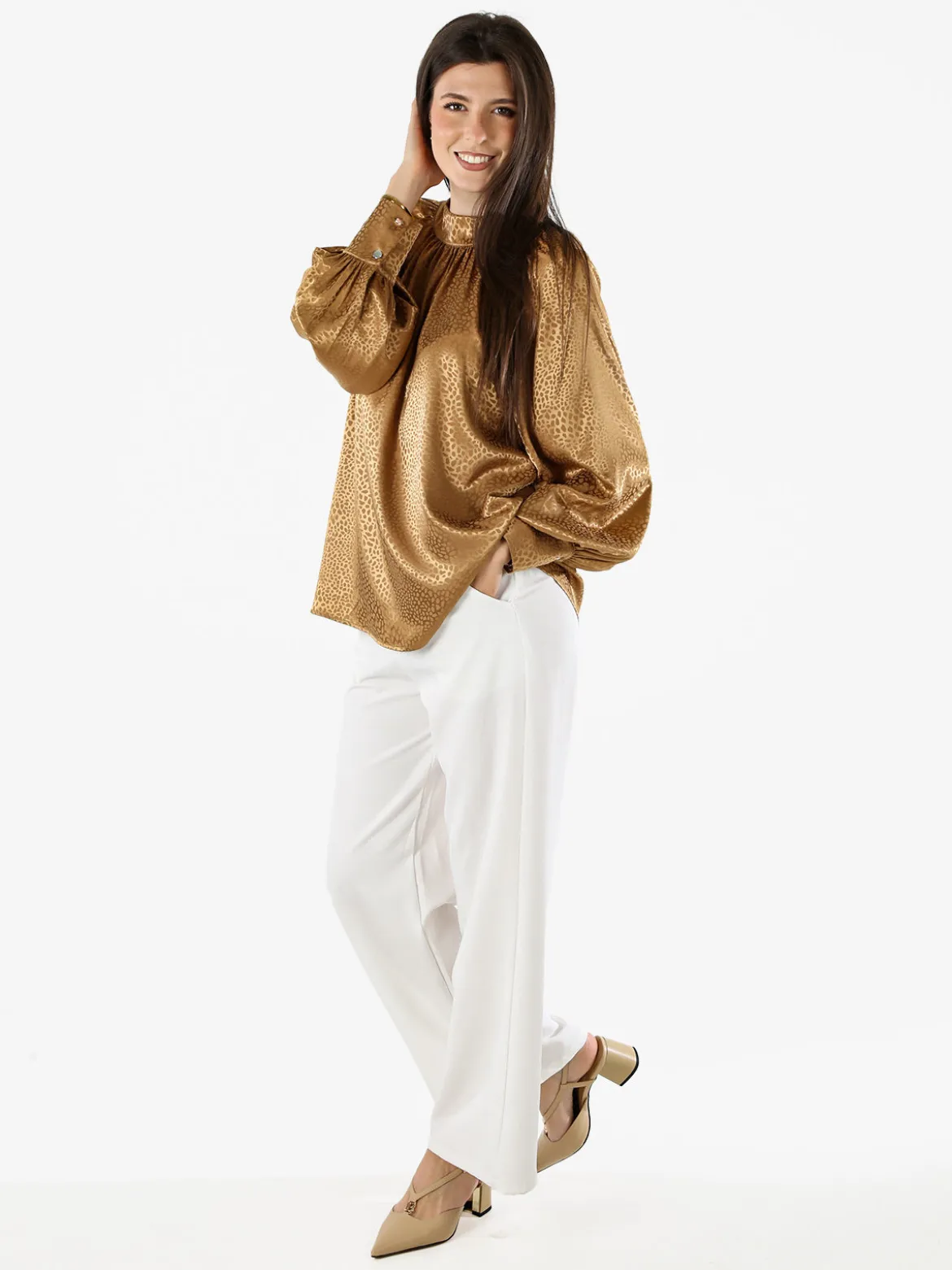 Miss E Co Blusa donna accollata a maniche lunghe linea curvy - marrone