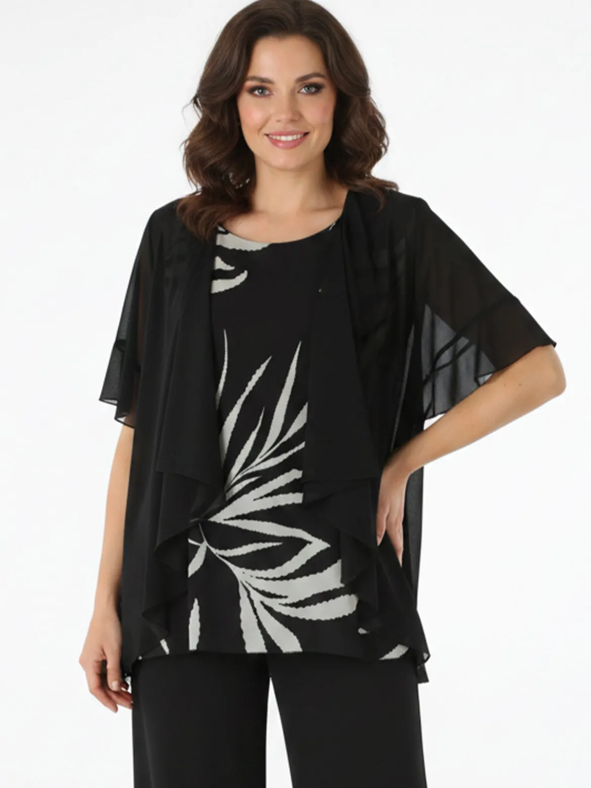 Miss E Co Blusa donna con cardigan velato a maniche corte linea curvy - nero