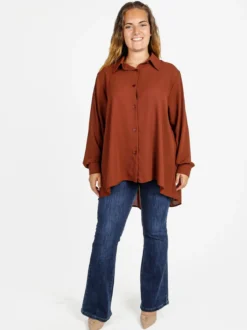 Miss E Co Camicia donna a maniche lunghe linea curvy - marrone