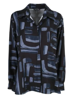 Miss E Co Camicia donna fantasia a maniche lunghe con scollo a V linea curvy - blu scuro