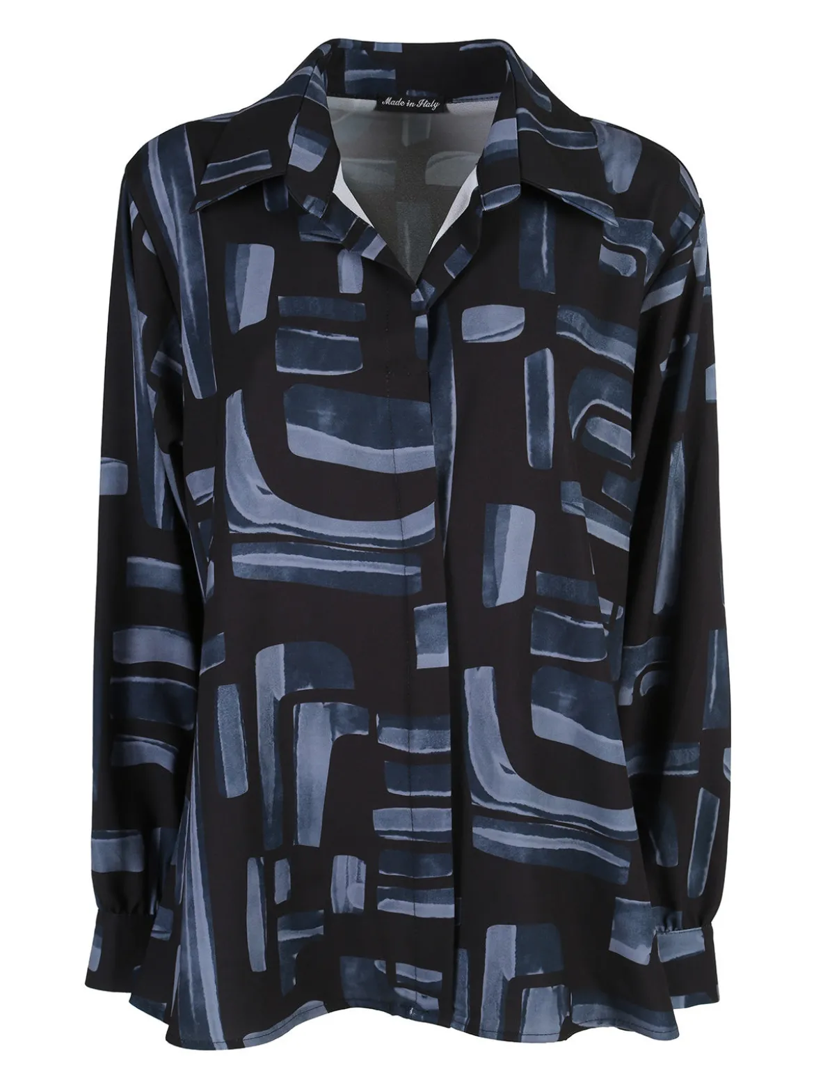 Miss E Co Camicia donna fantasia a maniche lunghe con scollo a V linea curvy - blu scuro