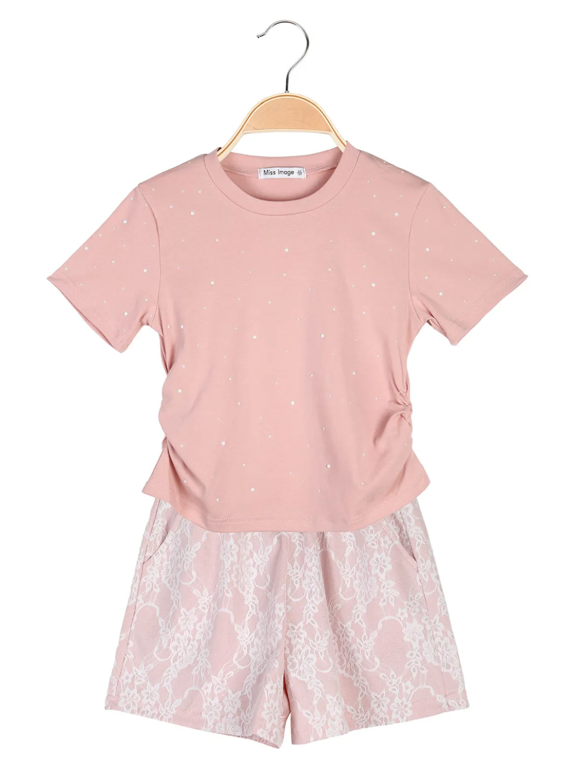 Miss Image Completo 2 pezzi da bambina con t-shirt e shorts ricamati - cipria