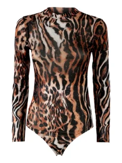 Miss Kimery Top body donna animalier a maniche lunghe - marrone