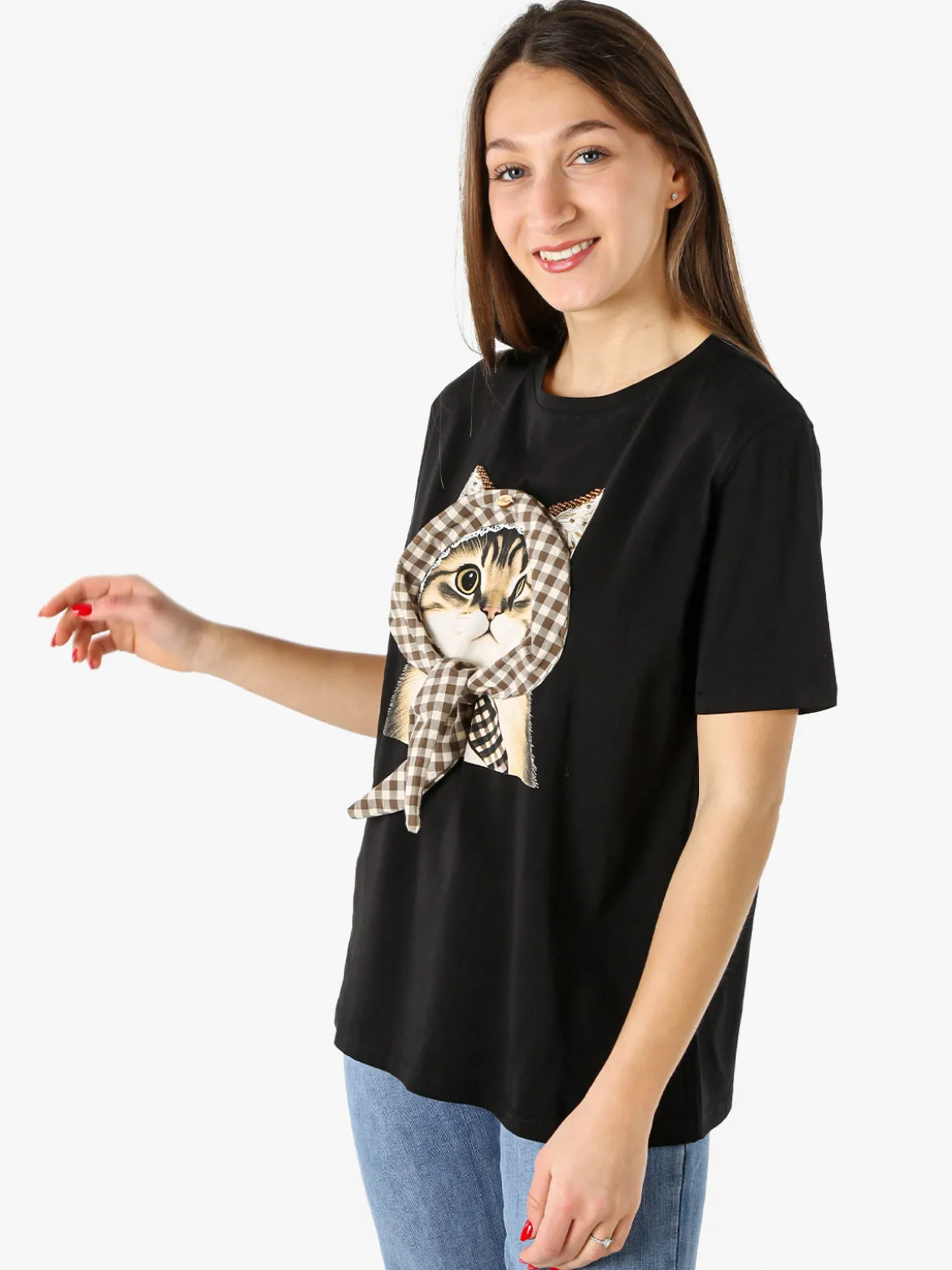 Monte Cervino T-shirt donna con stampa gatto - nero