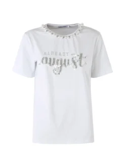 Monte Cervino T-shirt donna in cotone con perle e strass - bianco
