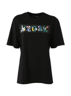 Monte Cervino T-shirt donna in cotone oversize con ricami e strass - nero