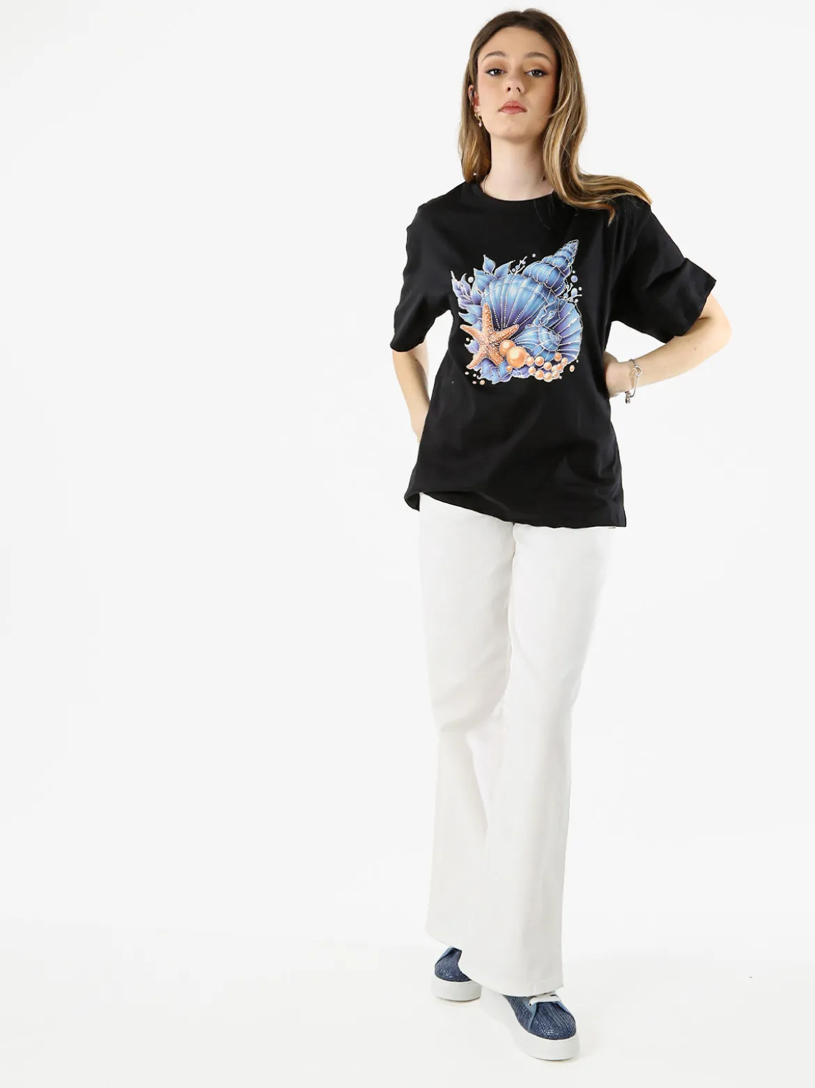 Monte Cervino T-shirt donna oversize in cotone con stampa e strass - nero