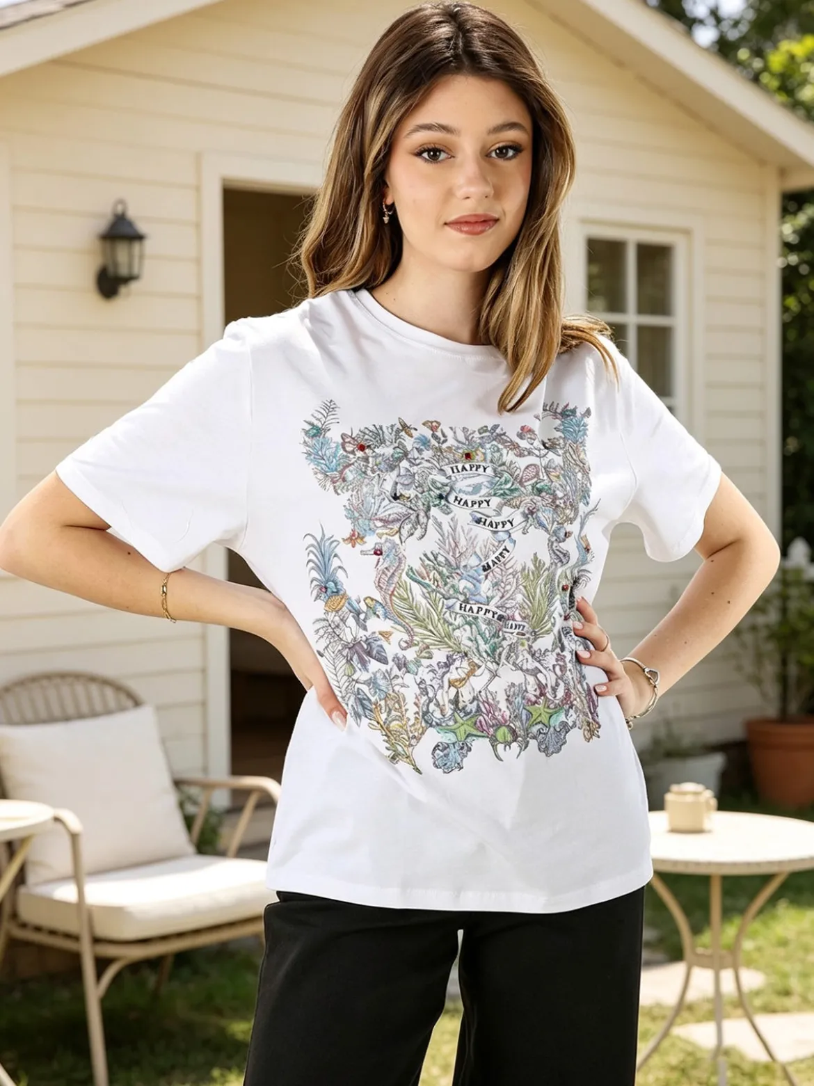 Monte Cervino T-shirt girocollo da donna in cotone con stampe e strass - bianco