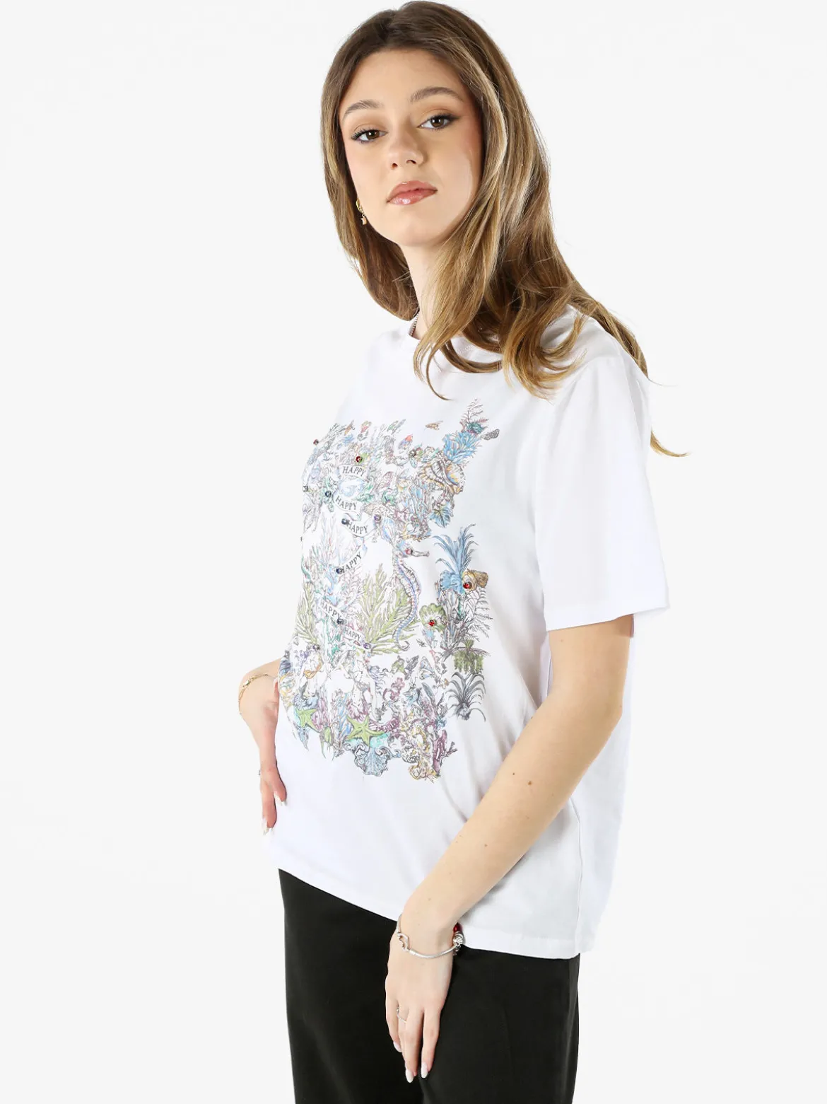Monte Cervino T-shirt girocollo da donna in cotone con stampe e strass - bianco