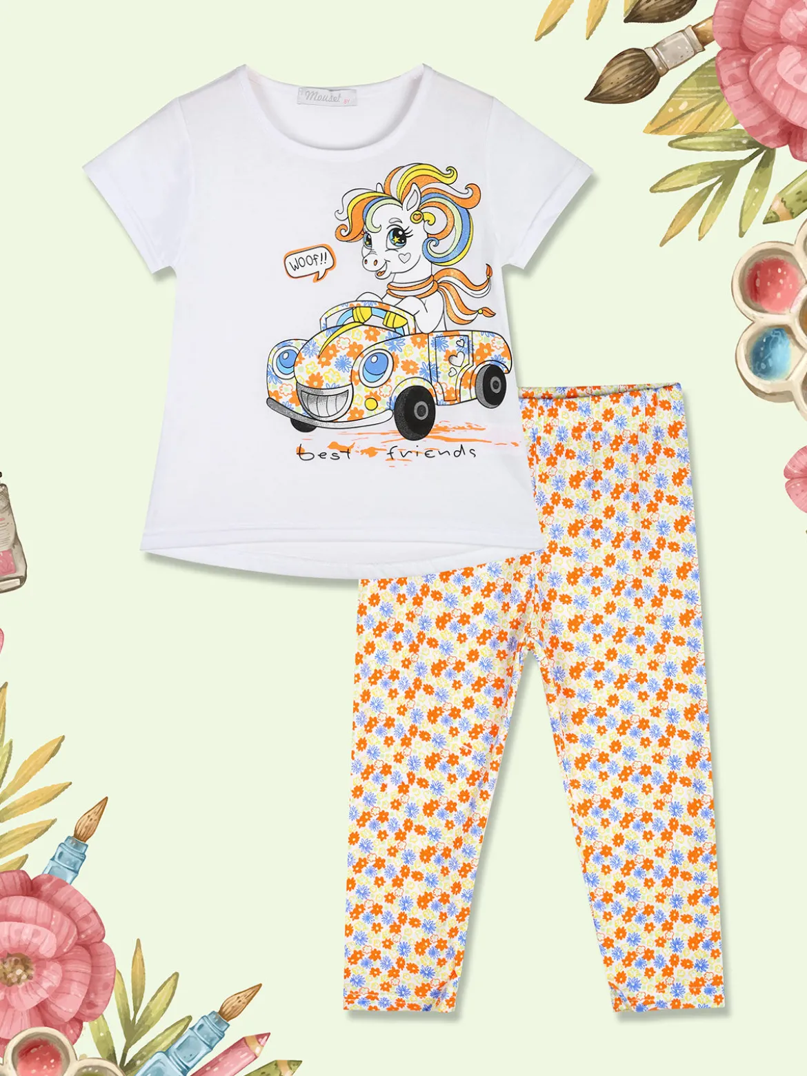 Mouset Completo da bambina con t-shirt e leggings fiorati a 3/4