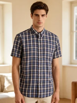 Mrhope Camicia da uomo in cotone a maniche corte con stampa a quadri e taschino - blu scuro