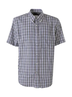 Mrhope Camicia da uomo in cotone a maniche corte con stampa a quadri e taschino - blu