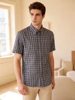 Mrhope Camicia da uomo in cotone a maniche corte con stampa a quadri e taschino - blu