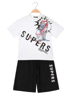 Mr Jek Completo corto da bambino in cotone con t-shirt e bermuda - bianco