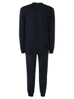 Navigare Pigiama lungo da uomo in cotone con taschino e pantaloni a quadri - blu scuro