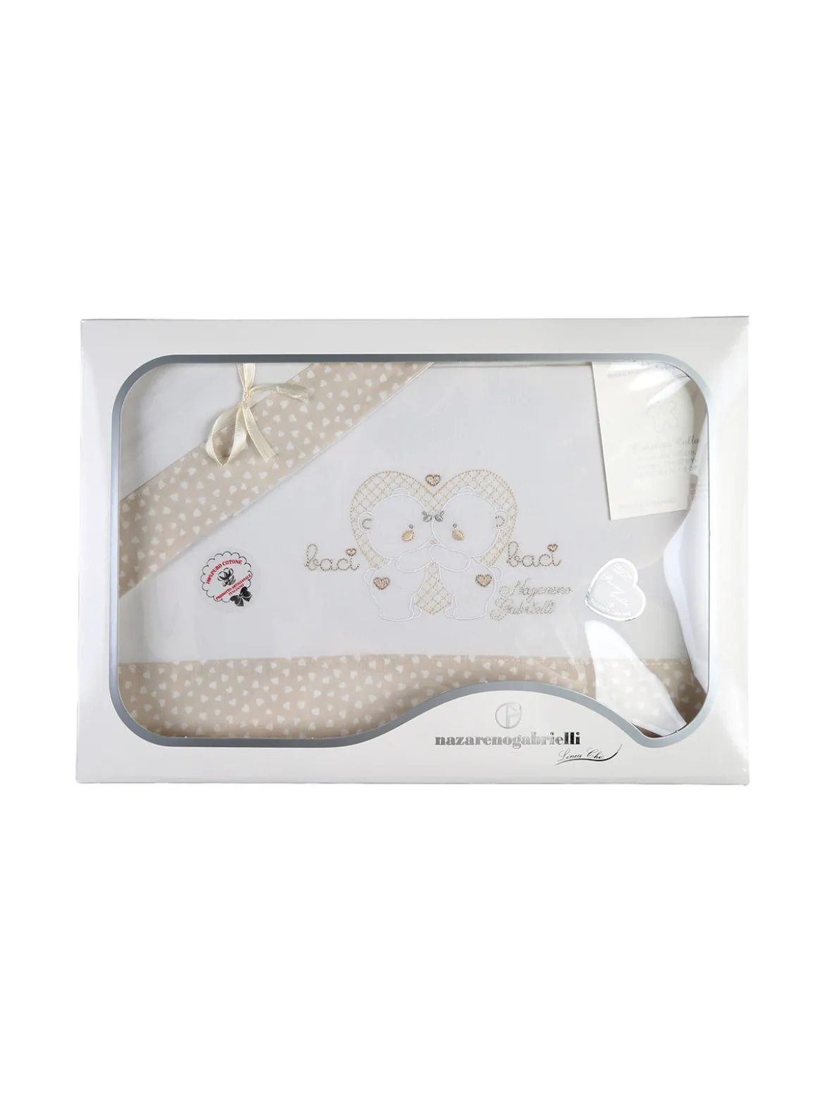 Nazareno Gabrielli Completo lenzuola per culla 3 pezzi in cotone con ricami orsetti - beige