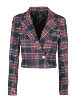 New Collection Blazer corto da donna scozzese a doppiopetto