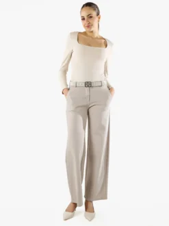 New Gj Pantaloni donna a palazzo spigati con cintura - beige