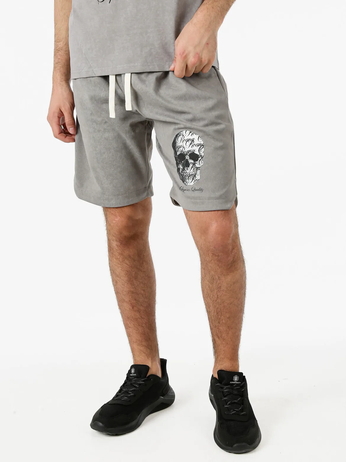 New Mentality Bermuda da uomo con coulisse e stampa teschio - grigio