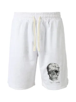 New Mentality Bermuda da uomo con coulisse e stampa teschio - bianco