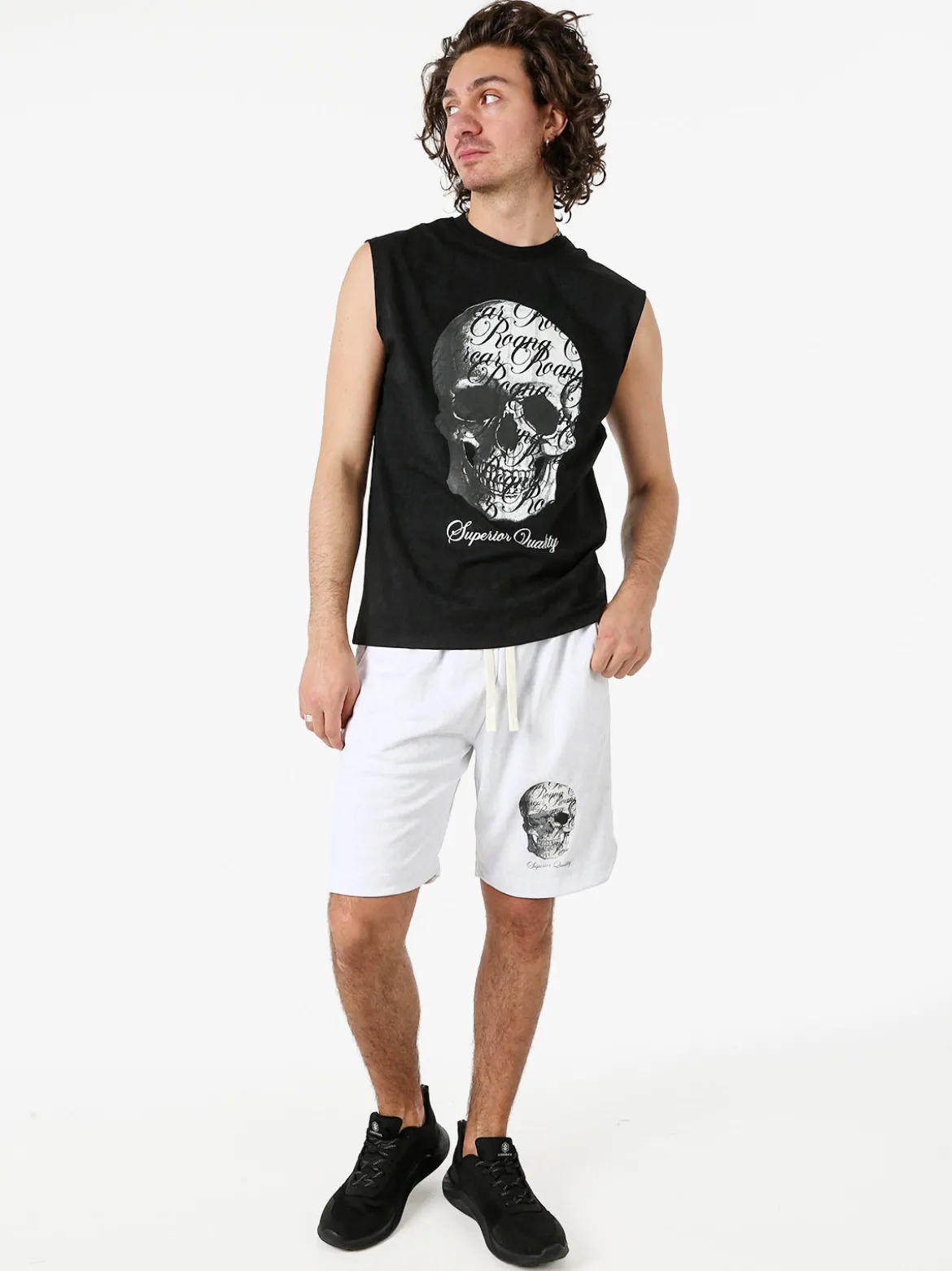 New Mentality Bermuda da uomo con coulisse e stampa teschio - bianco