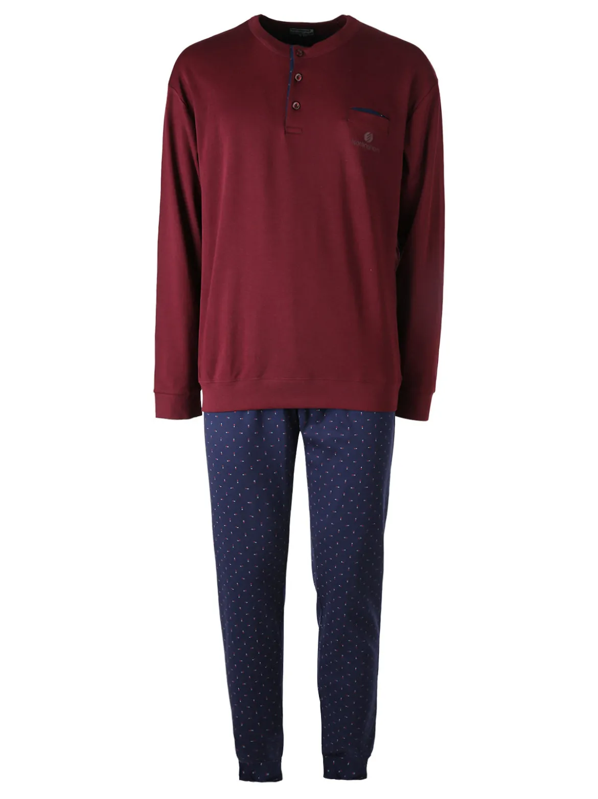 Nottingham Pigiama lungo da uomo in cotone interlock con taschino - bordeaux