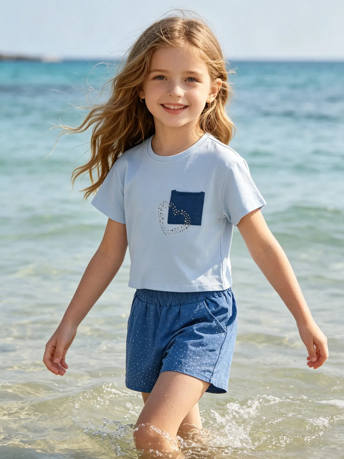 Pastello Completo da bambina con t-shirt cropped e shorts in jeans con strass