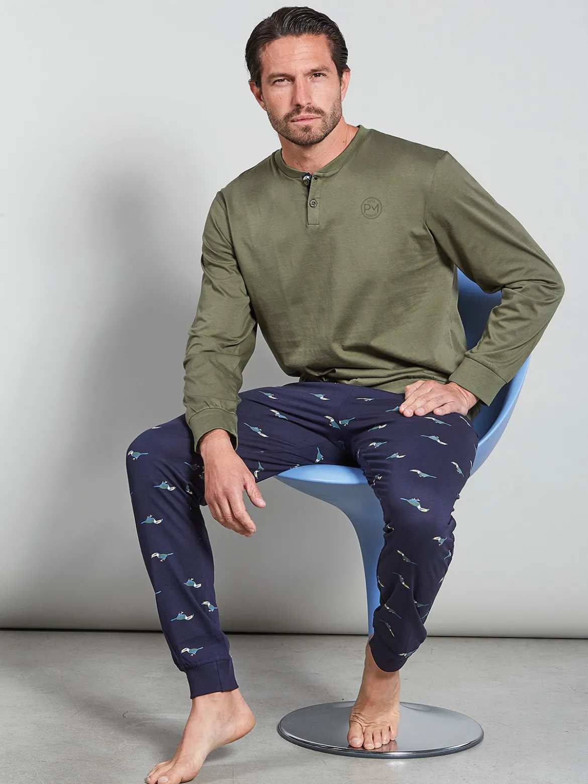 Paul Martin Pigiama lungo da uomo in cotone naturale - militare