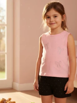 Pink Girl Completo corto da bambina 2 pezzi top e shorts con micro borchie - nero
