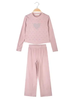 Pink Girl Completo 2 pezzi da bambina a coste con cuori di strass - rosa