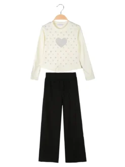 Pink Girl Completo 2 pezzi da bambina a coste con cuori di strass - panna